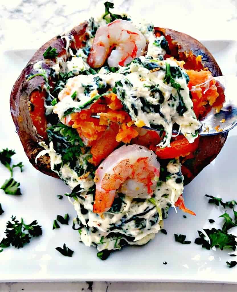 Shrimp and Crab Stuffed Sweet Potatoes with Spinach