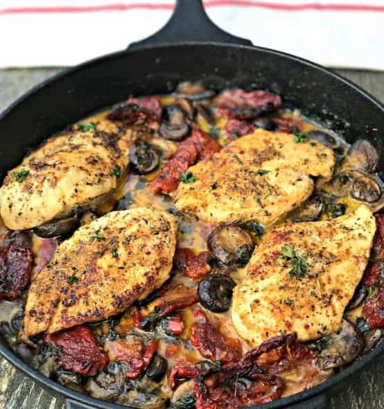 Chicken with Sun-Dried Tomatoes and Mushrooms in White Wine Cream Sauce Chicken with Sun-Dried Tomatoes and Mushrooms in White Wine Cream Sauce