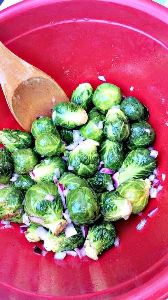 close up of red bowl with brussels sprouts and onions and a wooden spoon