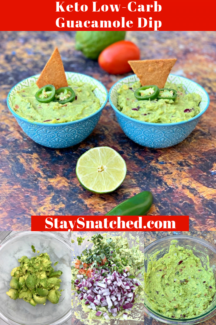 Easy Keto Low-Carb Guacamole Avocado Dip is a quick recipe for the best guacamole, keto chips, and other dippers you can find. Serve this dish as an appetizer at events and parties or nibble on it as a snack. This dip is low carb and has the perfect macros for the keto diet and lifestyle. Ditch the store-bought and make your own! #KetoRecipes #KetoGuacamole