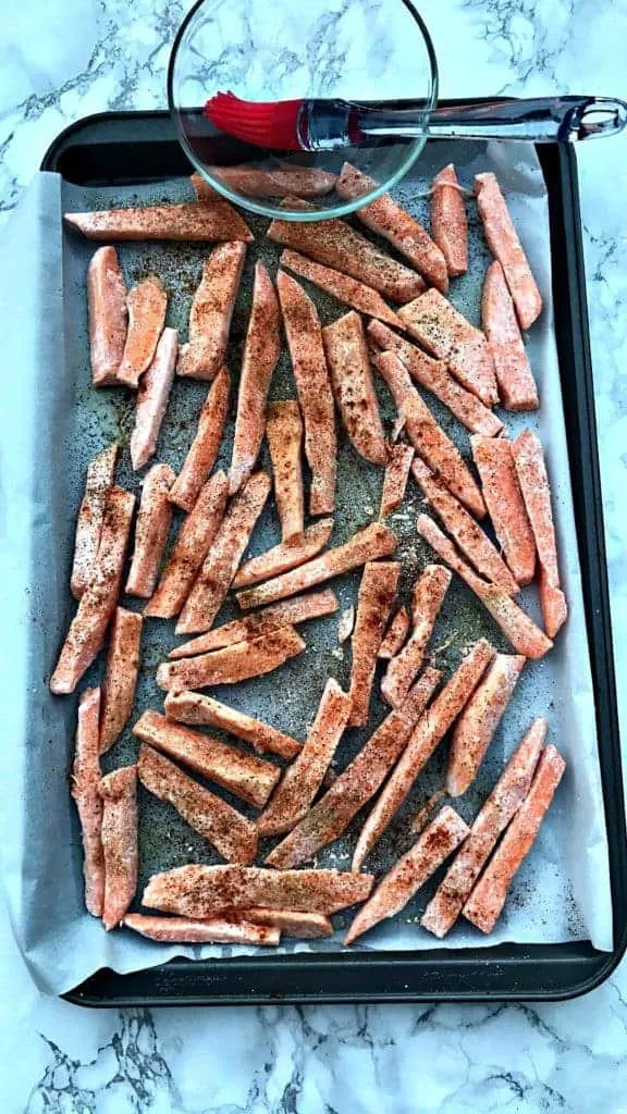 Healthy, Crispy Crunchy Sweet Potato Fries - seasoned and pre-cooked