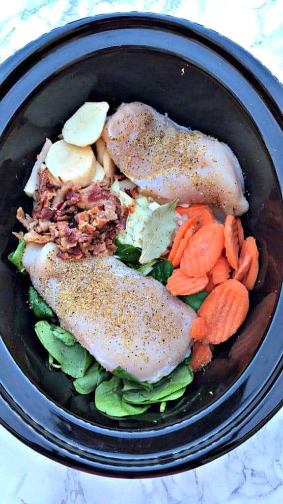 raw chicken breast, bacon, veggies in a crock pot