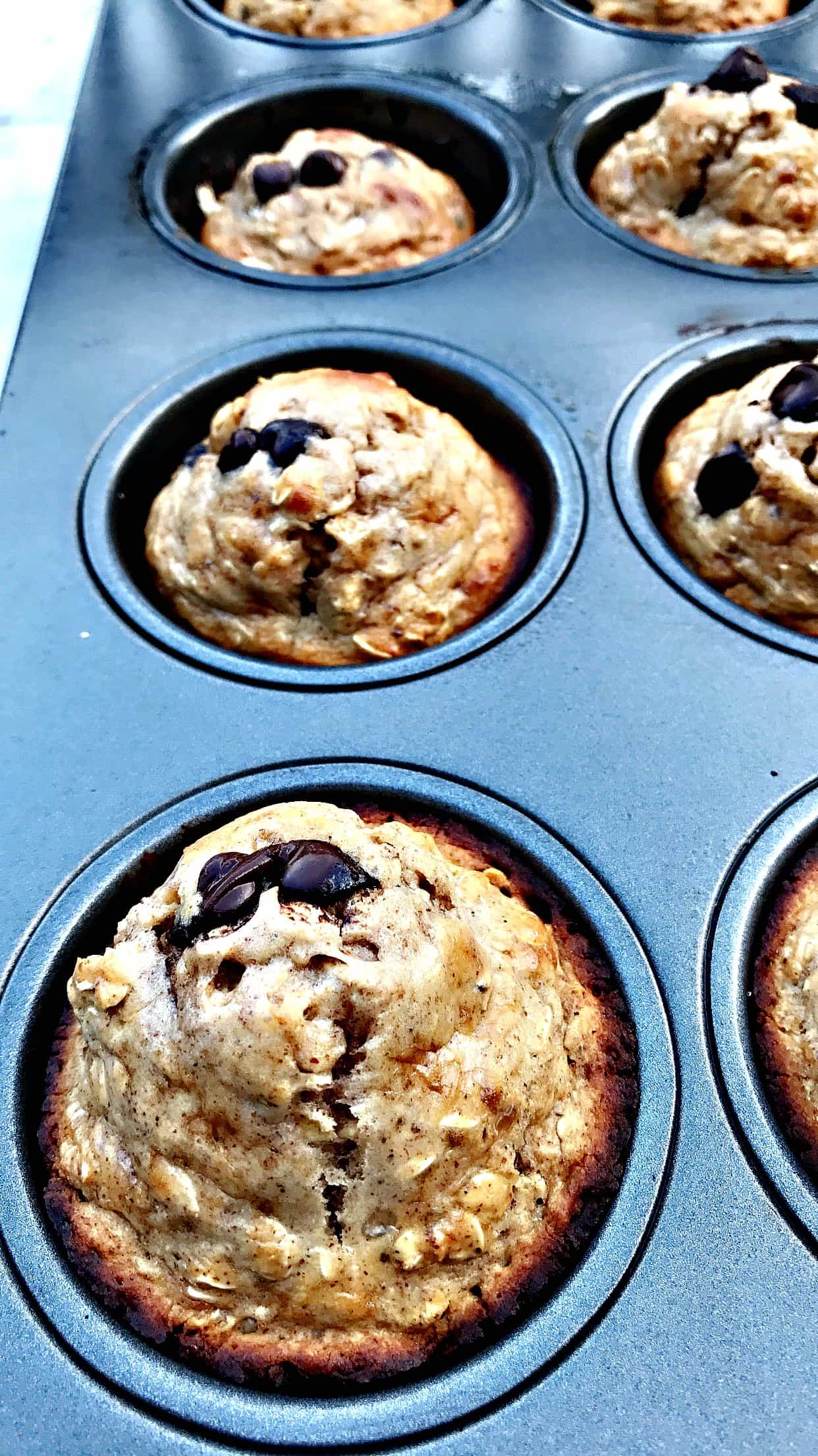 close up of baked almond butter chocolate protein muffins in a muffin tin