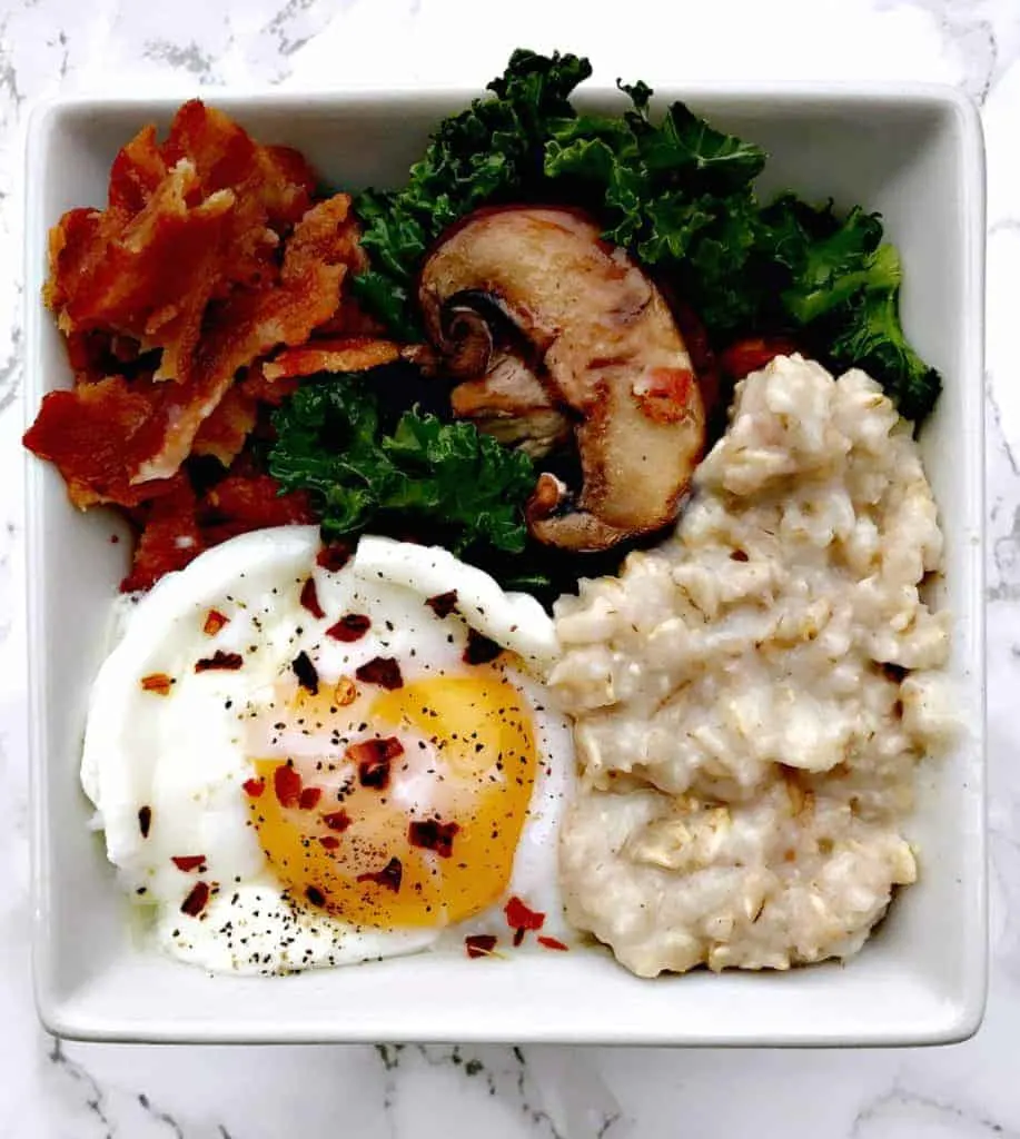 savory oatmeal with bacon, mushroom, and egg