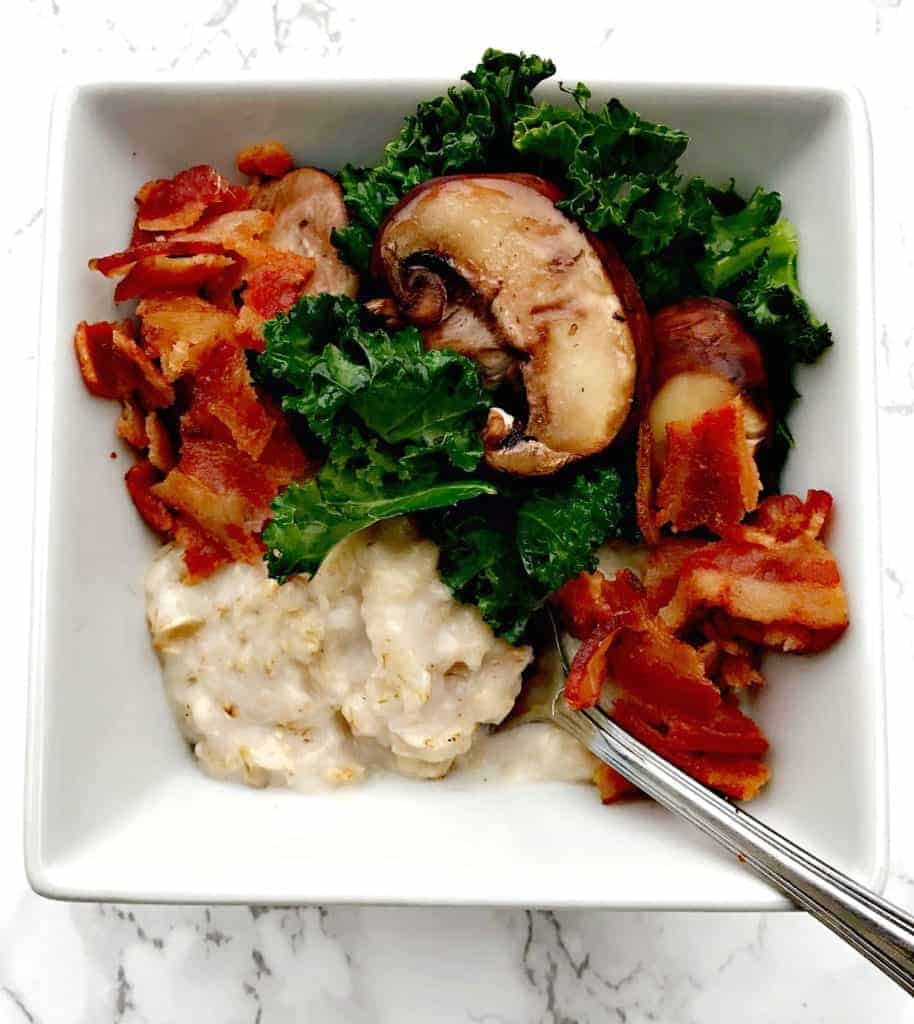 savory oatmeal with bacon, mushroom, and egg