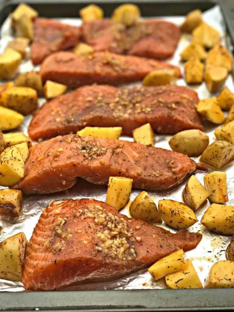 Sheet Pan Teriyaki Salmon with Roasted Dill Potatoes and Broccolini