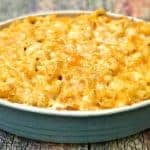 southern style baked macaroni and cheese in a baking dish