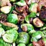 close up of bacon brussels sprouts in a pan
