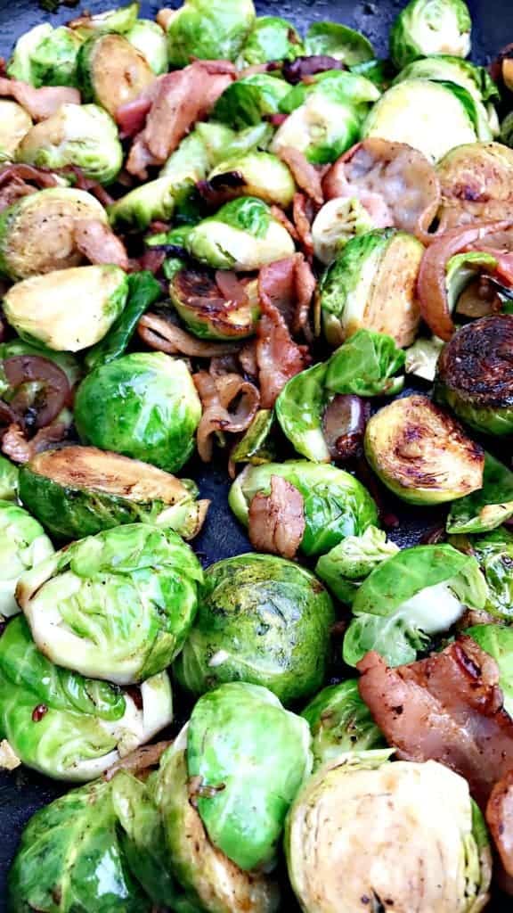 close up of Caramelized Balsamic Bacon Brussels Sprouts