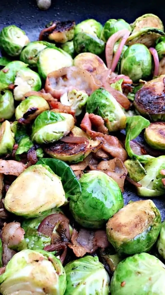 close up of Caramelized Balsamic Bacon Brussels Sprouts