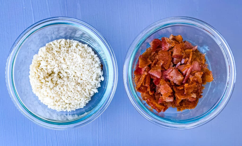 breadcrumbs and chopped cooked bacon in separate glass bowls