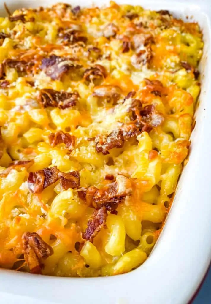 bacon gouda mac and cheese in a baking dish