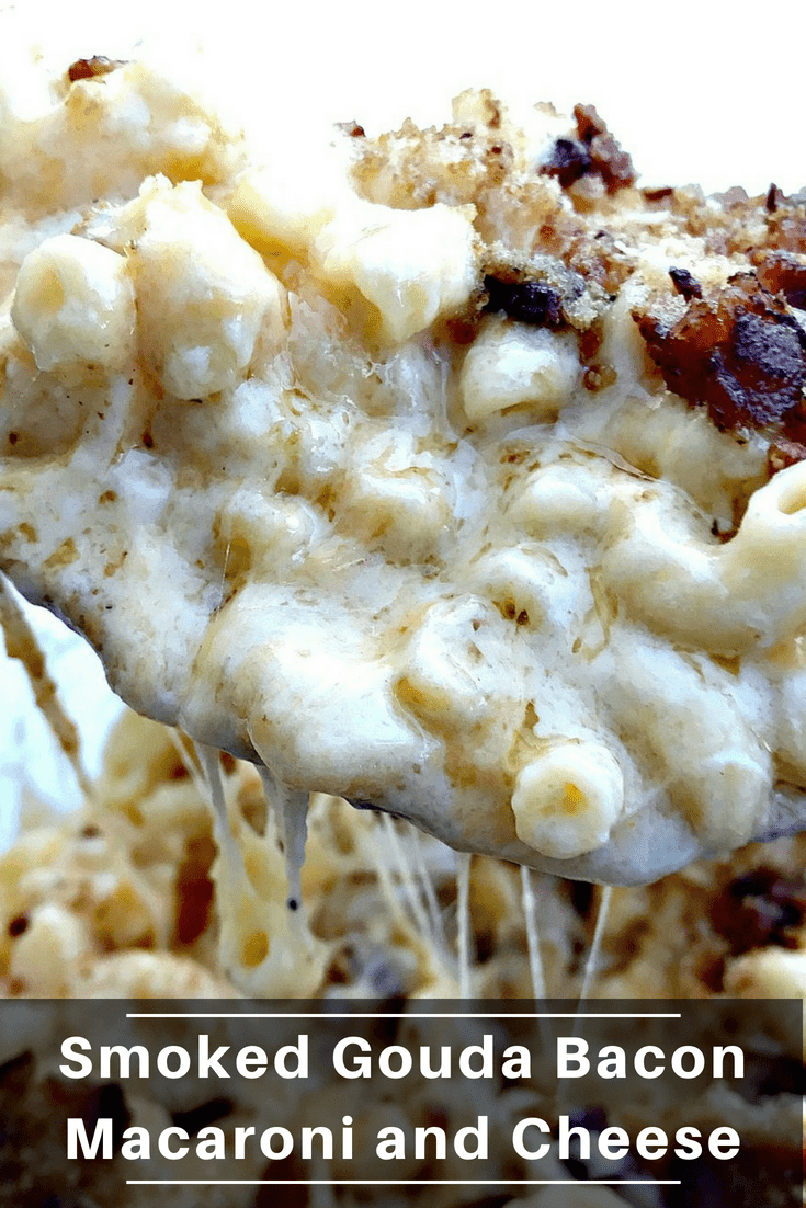Grown-Up Baked Smoked Bacon Gouda Macaroni and Cheese is a delicious spin on traditional mac and cheese. Ordinary mac and cheese is transformed into a crunchy and gooey sensation! This dish is made with creamy cheddar and gouda cheese and topped with toasted breadcrumbs. This dish makes the perfect side-dish.