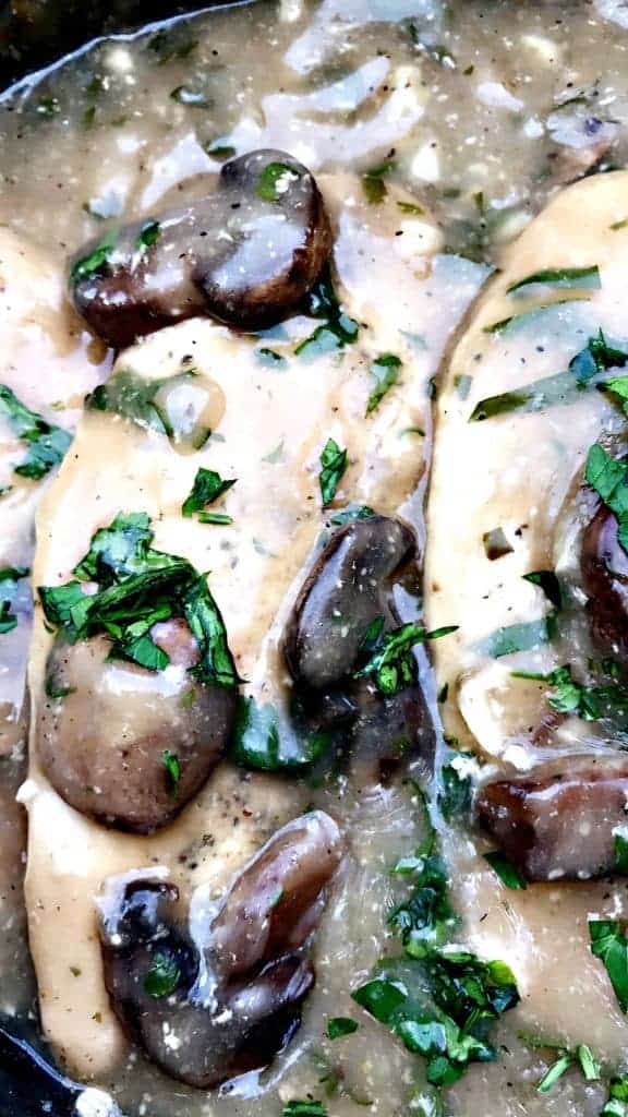 close up of chicken marsala in a crock pot