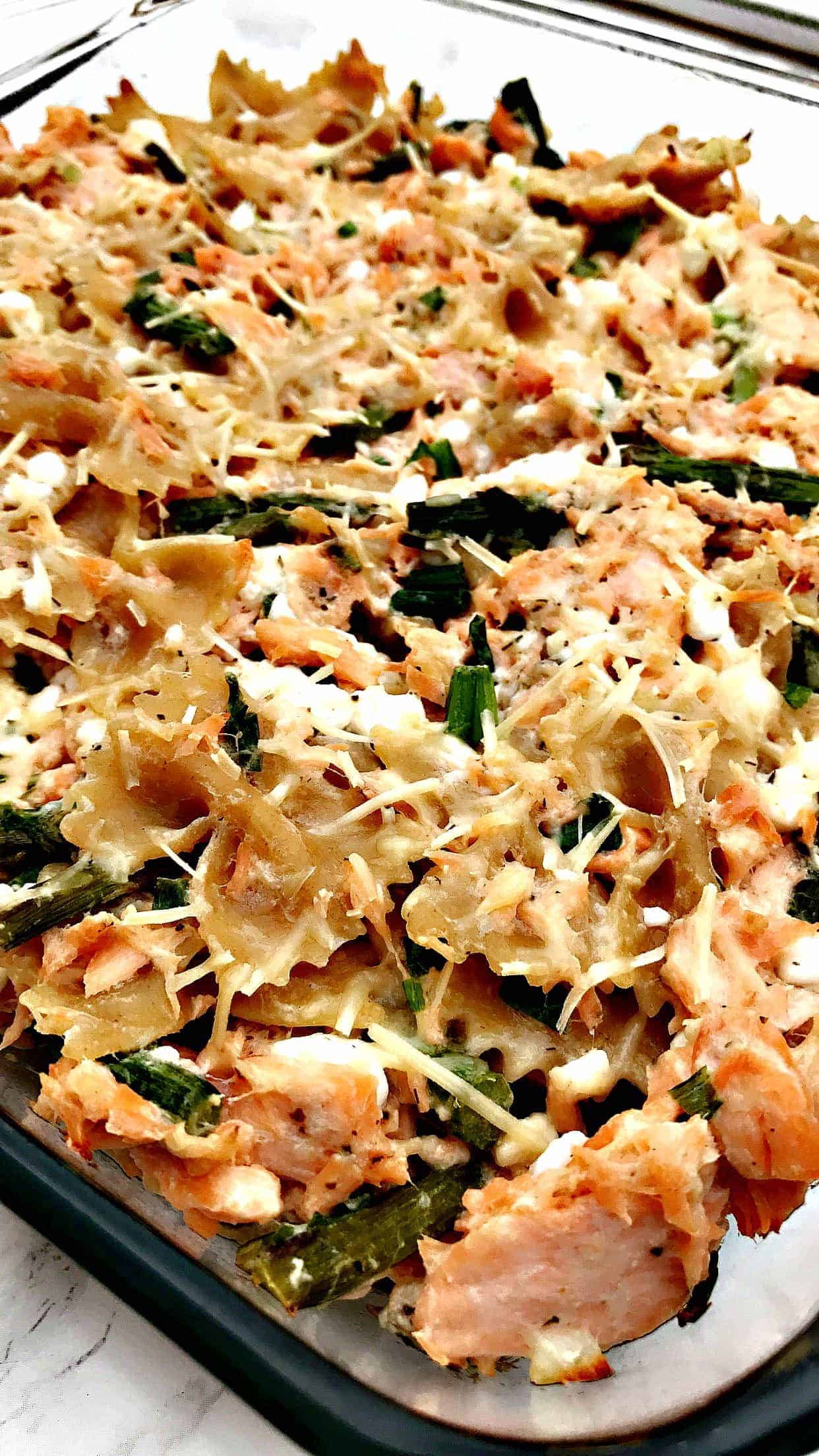 whole wheat salmon pasta in a baking dish