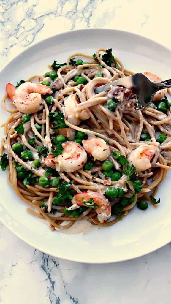 Healthy Shrimp Carbonara Whole Wheat Pasta