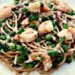 plated shrimp carbonara with whole wheat pasta