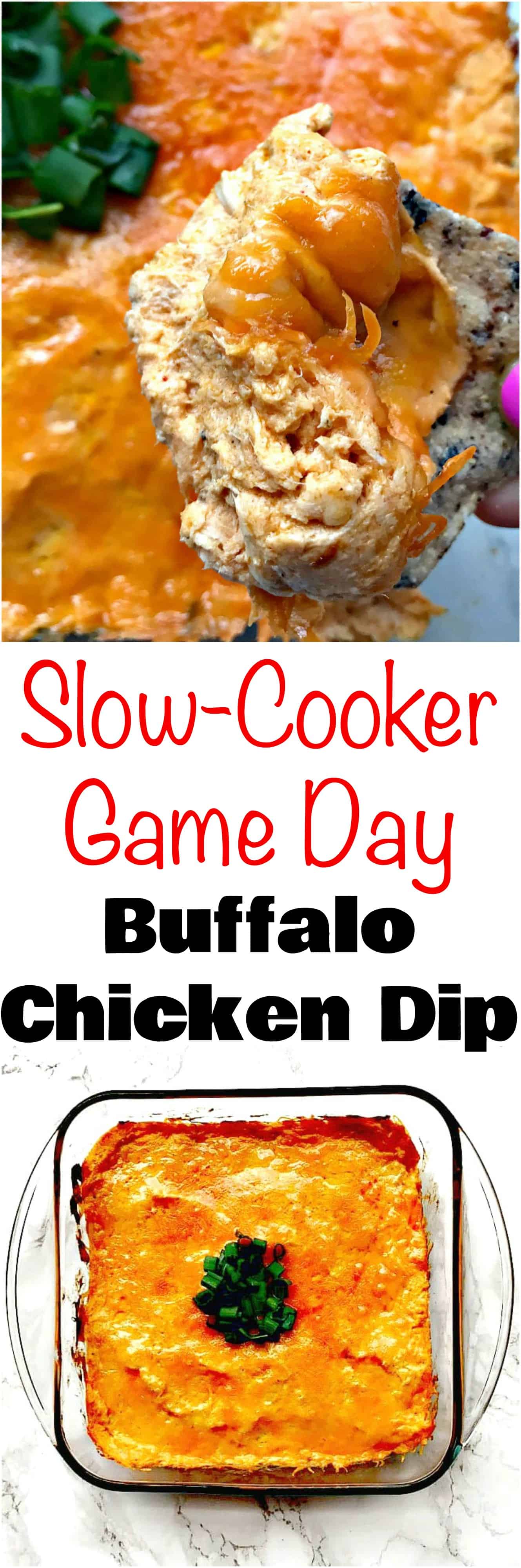 Easy Slow-Cooker Low-Carb Buffalo Chicken Dip is the perfect skinny crockpot appetizer recipe with cream cheese and Frank's Red Hot Buffalo sauce perfect for holidays, the Superbowl, game day, tailgates, parties, and events. #SlowCooker #SlowCookerRecipes #CrockPot #CrockPotRecipes #LowCarb #LowCarbRecipes #Dips #Appetizers