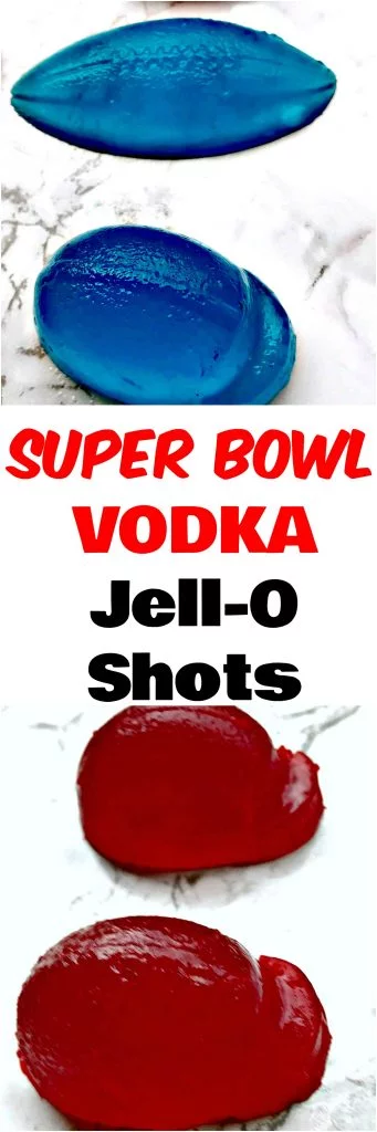 Super Bowl Vodka Jell-O Shots cocktail with no added sugar are fun, football mold jello-shots perfect for game day, tailgates, parties, or any event. #GameDay #SuperBowl #Shots #Cocktails super bowl jello shot footballs and helmets on flat suface