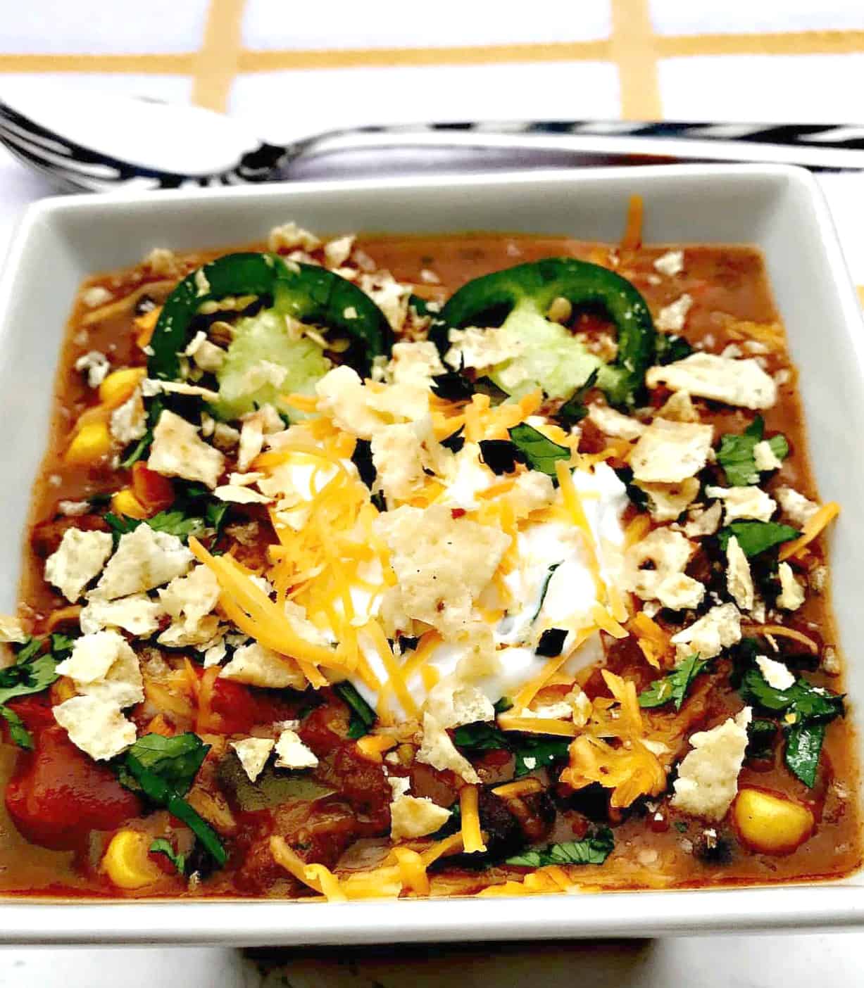 Slow-Cooker Beef Taco Nacho Chili in a white bowl