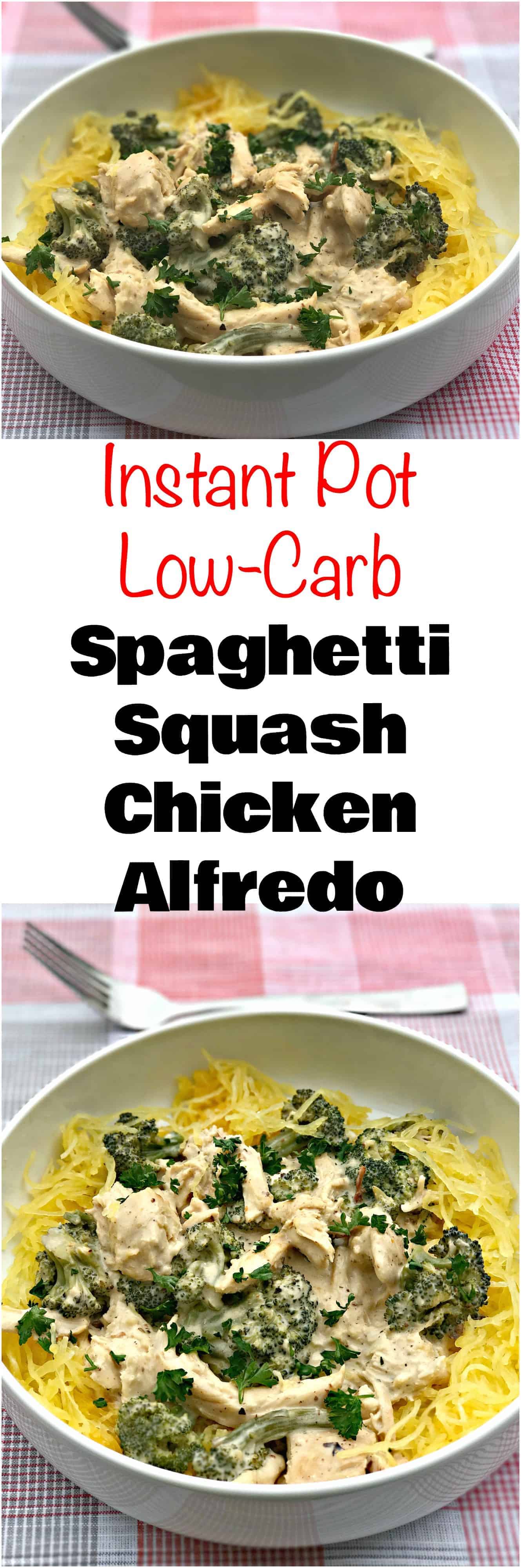 Instant Pot Spaghetti Squash Chicken Alfredo is a quick and easy low-carb recipe packed with creamy alfredo sauce and savory chicken. #LowCarb #LowCarbRecipes #Keto #KetoRecipes #InstantPot #InstantPotRecipes #PressureCooker #PressureCookerRecipes