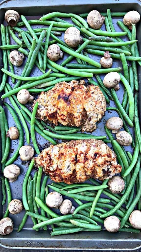 sheet pan almond crusted chicken stuffed with smoked cheddar and bacon