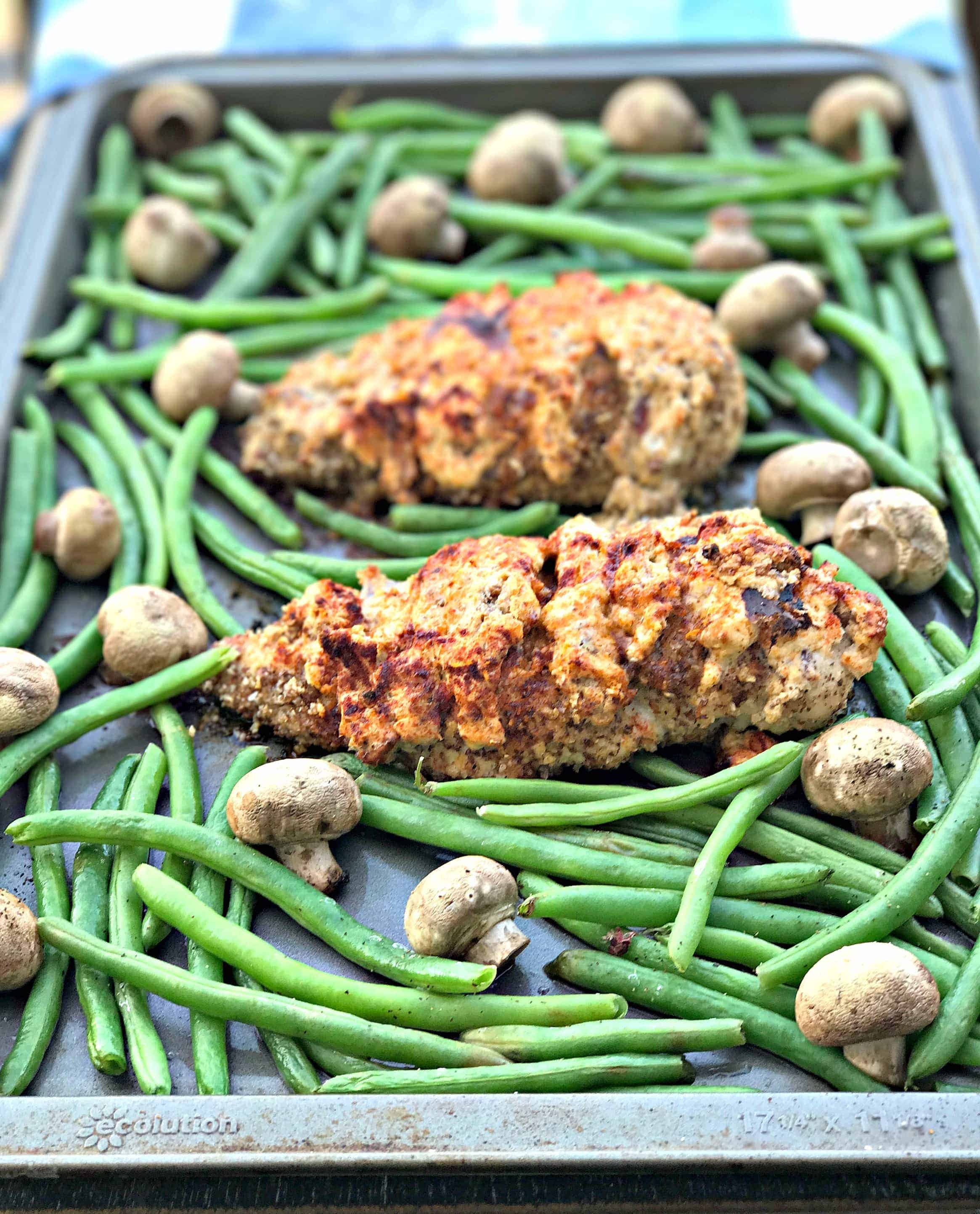 sheet pan almond crusted chicken stuffed with smoked cheddar and bacon