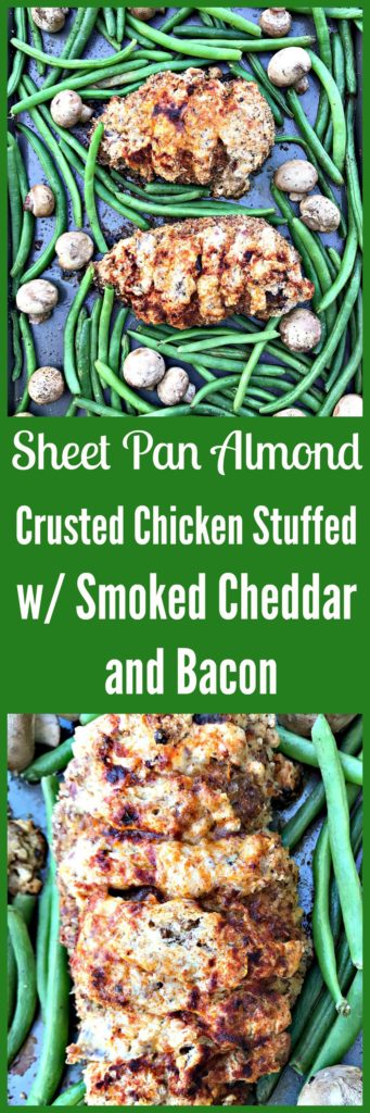 sheet pan almond crusted chicken stuffed with smoked cheddar and bacon