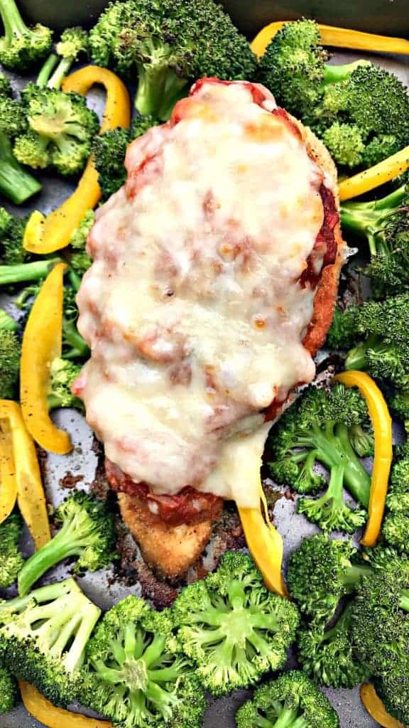 healthy sheet pan chicken parmesan and broccoli