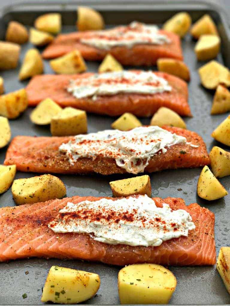 sheet pan garlic herb goat cheese stuffed salmon