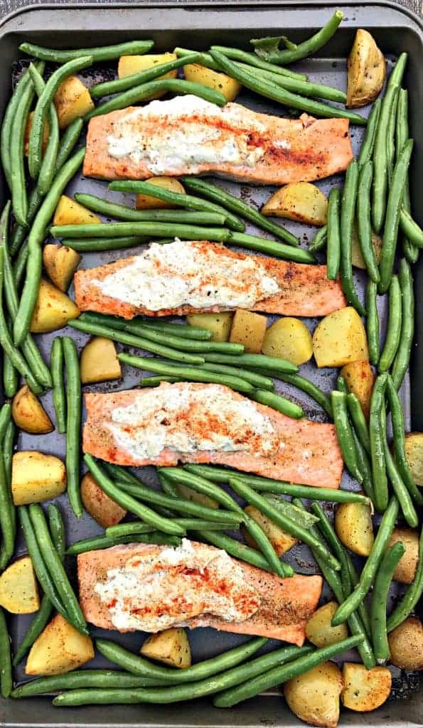 sheet pan garlic herb goat cheese stuffed salmon