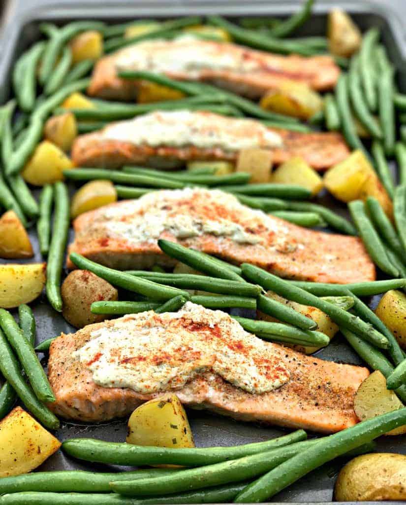 sheet pan garlic herb goat cheese stuffed salmon