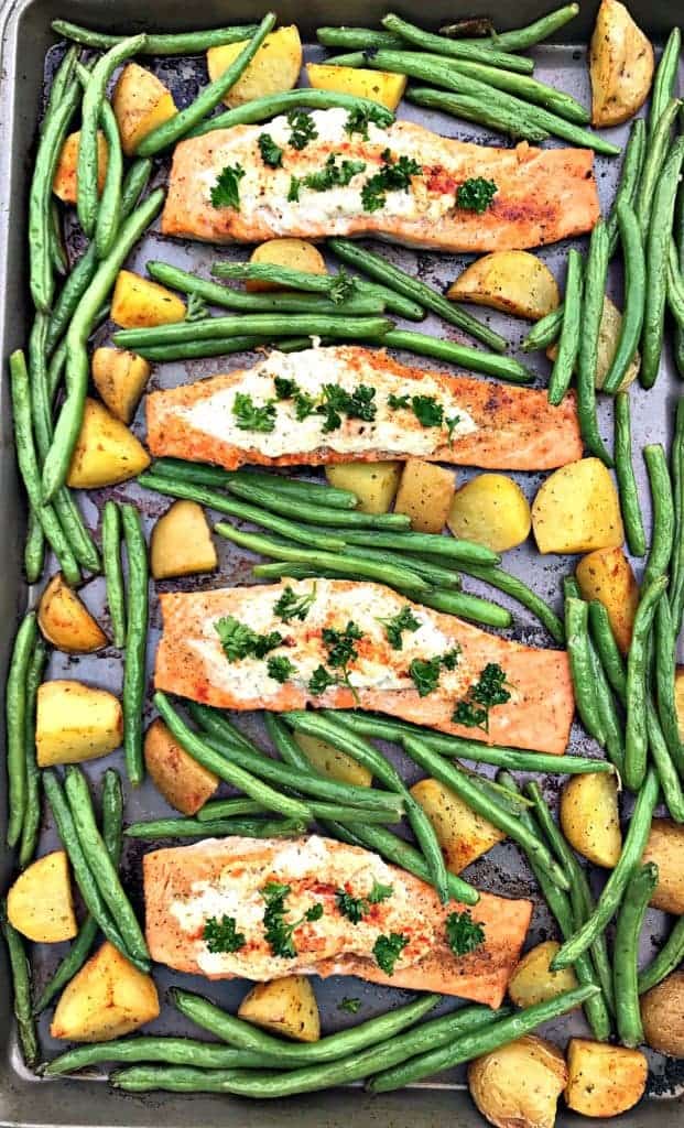 sheet pan garlic herb goat cheese stuffed salmon