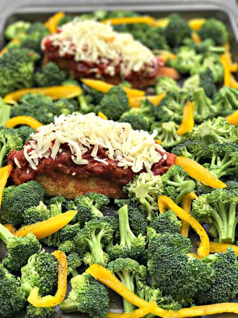 healthy sheet pan chicken parmesan and broccoli