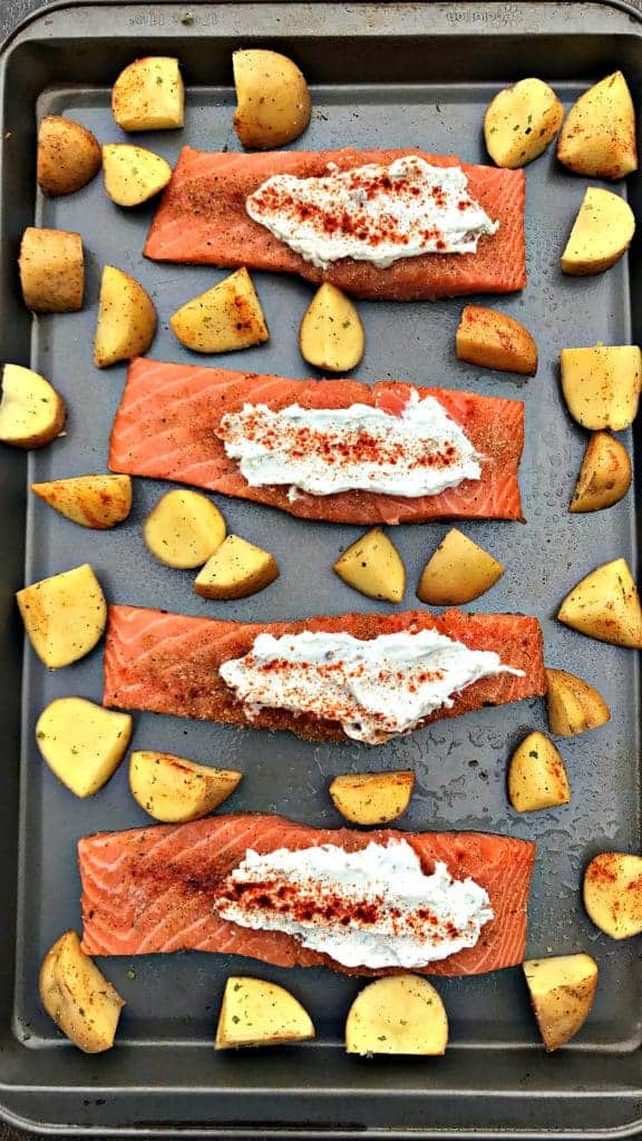 sheet pan garlic herb goat cheese stuffed salmon