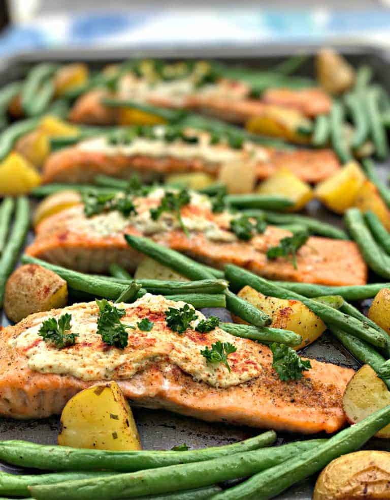 Sheet Pan Garlic Herb Goat Cheese Stuffed Salmon And Veggies