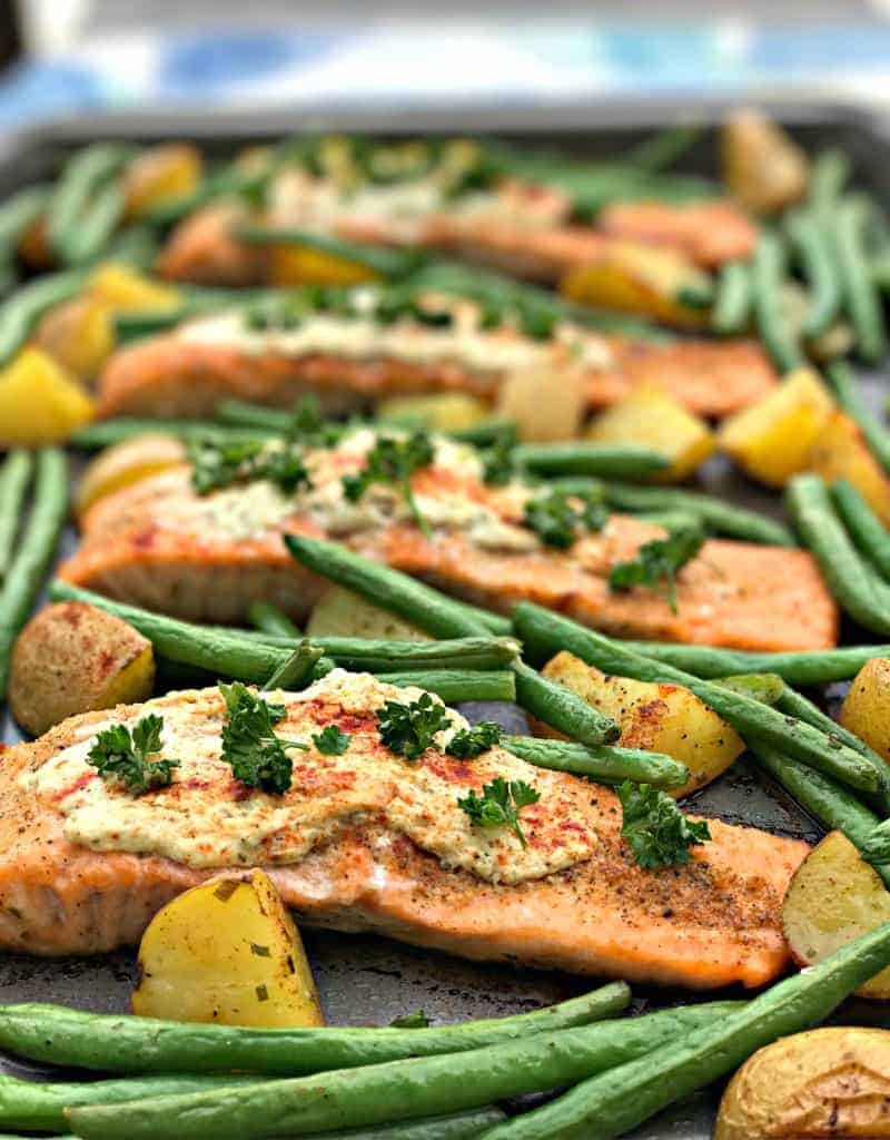 sheet pan garlic herb goat cheese stuffed salmon