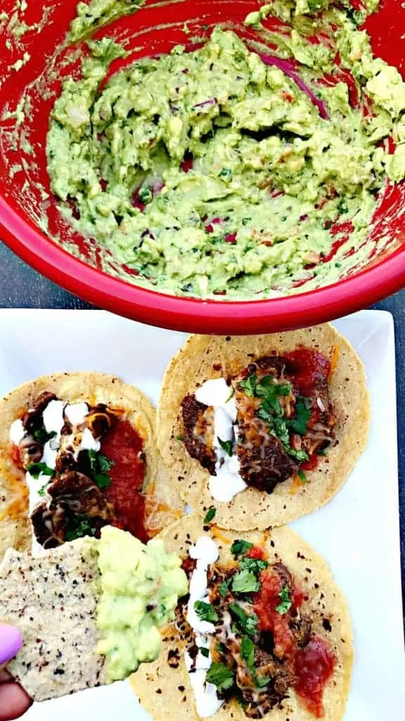 Instant Pot 10-Minute Steak Tacos (carne asada) with homemade guacamole and chips