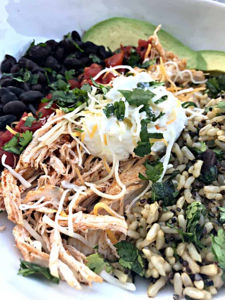 Instant Pot Shredded Chicken Taco Bowl with Cilantro Quinoa and Brown Rice