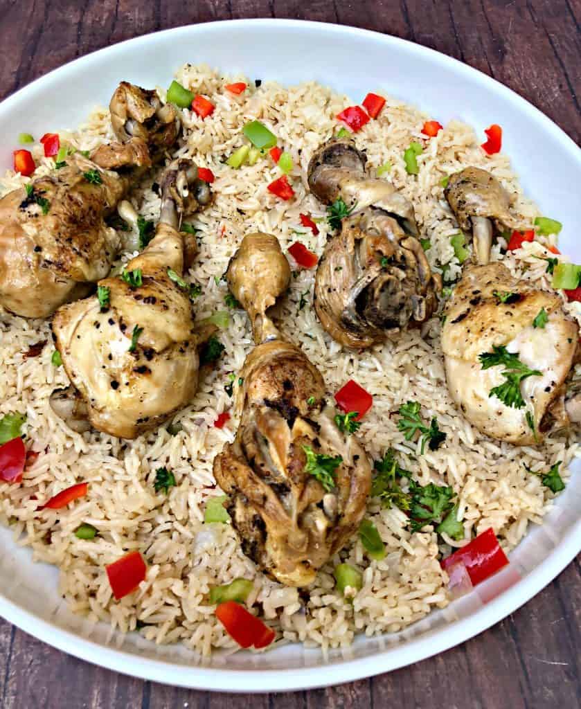 arroz con pollo in a white bowl