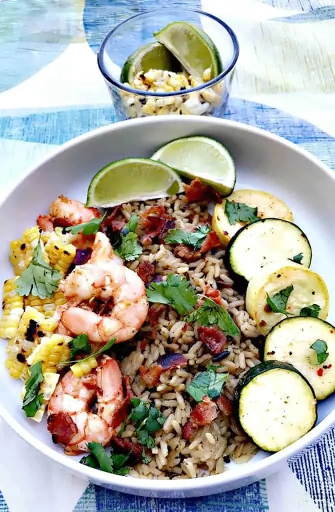 chipotle bacon bowl with grilled shrimp and veggies