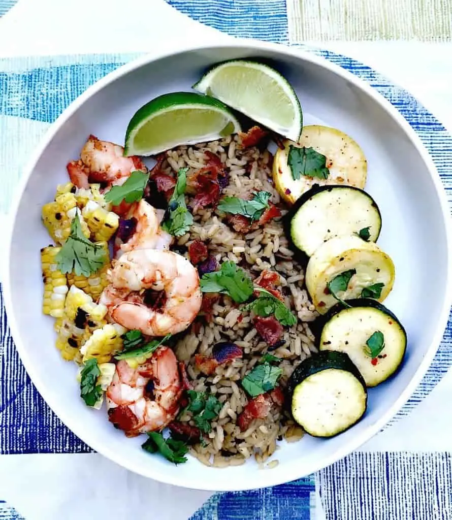 chipotle bacon bowl with grilled shrimp and veggies