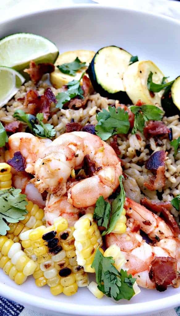 chipotle bacon bowl with grilled shrimp and veggies