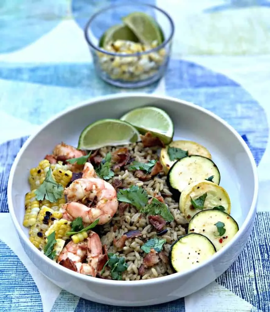 chipotle bacon bowl with grilled shrimp and veggies