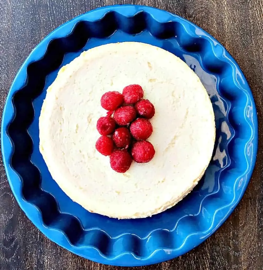 instant pot no-bake cheesecake in a blue pan