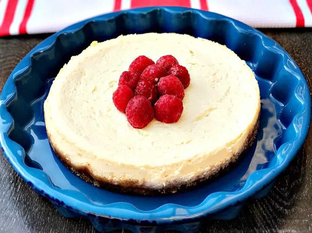 instant pot no-bake cheesecake in a blue pan