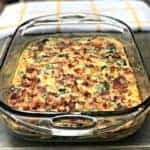 Bacon, Egg, and Spinach Breakfast Casserole in a glass baking dish