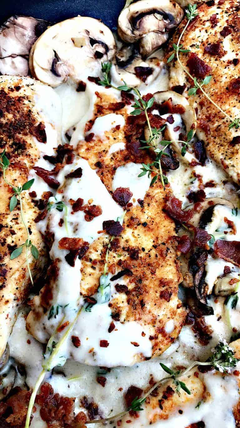 LowCarb Keto Bacon Mushroom Chicken in Cream Sauce with Thyme