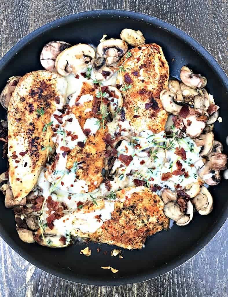 low-carb bacon mushroom chicken in cream sauce with thyme