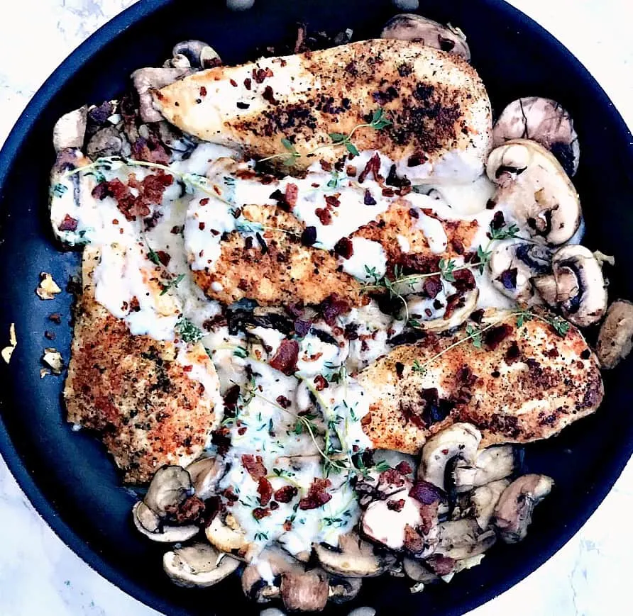 Low Carb Keto Bacon Mushroom Chicken In Cream Sauce With Thyme